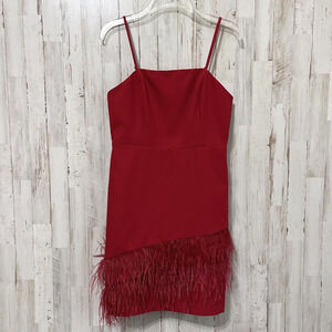 Sam Edelman Feather Hem Sheath Dress 4 Red Asymmetric Spaghetti Strap Sexy NEW